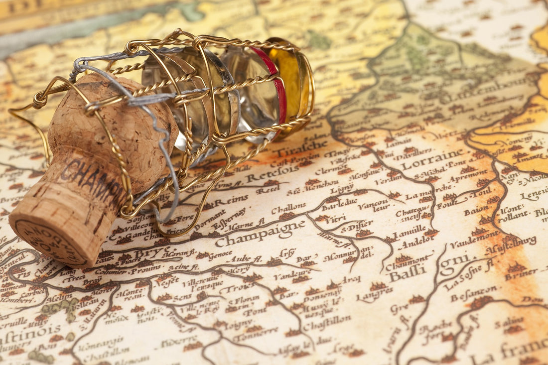 Corks strewn on a map of Champagne