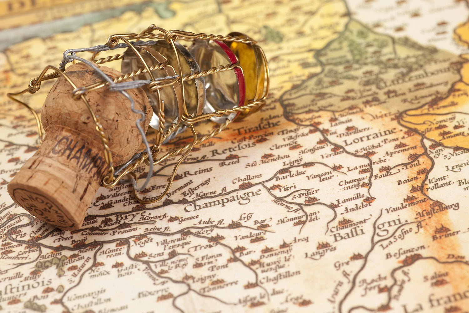 Corks strewn on a map of Champagne